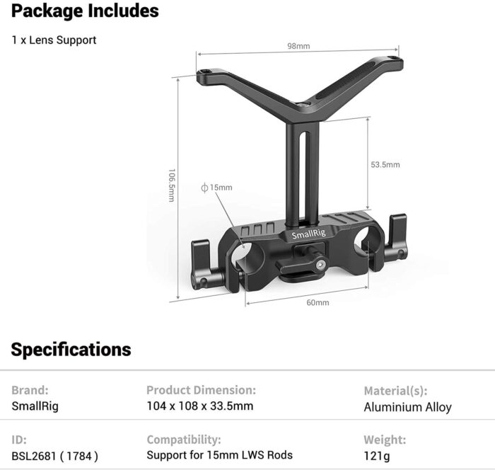 SmallRig Universal Lens Support with 15mm LWS Rod Clamp for Diameter 50mm to 140mm Lenses - BSL2681 - Image 3