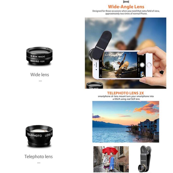 Adcom 5 in 1 Mobile Phone Camera Lens Kit - Compatible with All iOS & Android Smartphones (Black) - Image 3