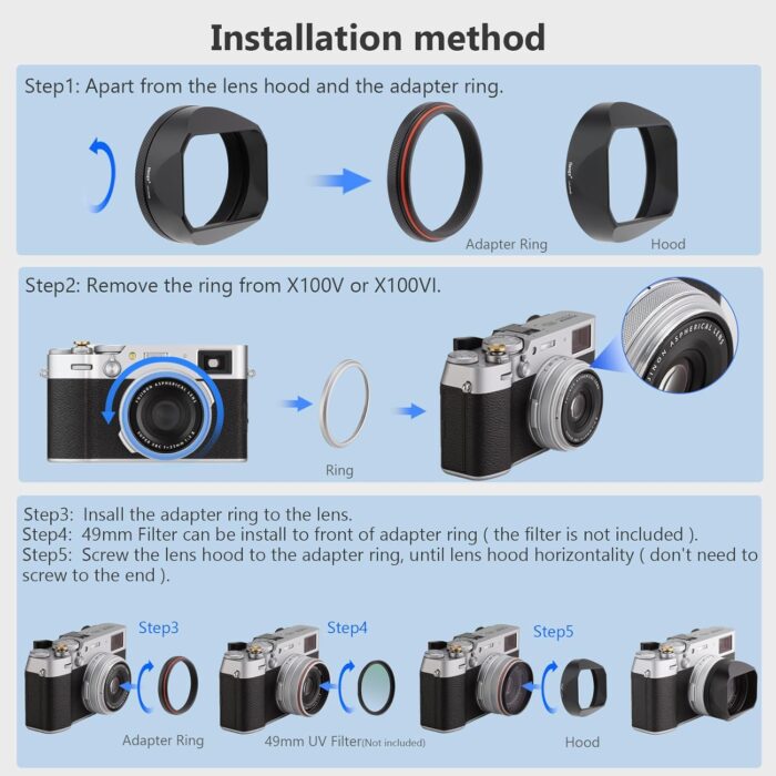 Haoge LH-X54B Square Metal Lens Hood with 49mm Adapter Ring for Fujifilm Fuji X100V Camera Black - Image 8