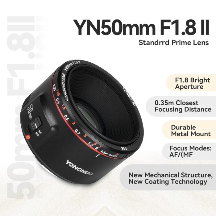 Yongnuo YN50MM F1.8 II AF/MF 0.35M Focus Distance Standard Prime Lens Black for Canon 5D IV 1DX I 200D II 850D 7D 6DII - Image 2