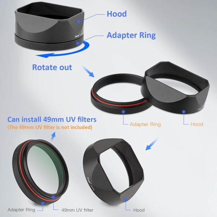 Haoge LH-X54B Square Metal Lens Hood with 49mm Adapter Ring for Fujifilm Fuji X100V Camera Black - Image 9