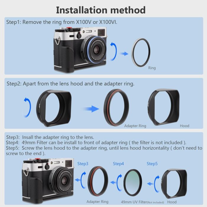 Haoge LH-X200B Square Metal Lens Hood with 49mm Adapter Ring Metal Cap for Fujifilm Fuji X100V X100F X100T X100S X70 Fuji Photo Camera Accessories Black - Image 6