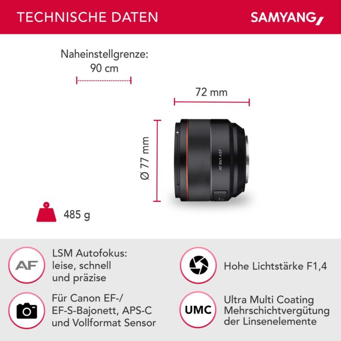 Samyang AF 85mm F1.4 Canon EF Auto Focus Lens - Black - Image 3