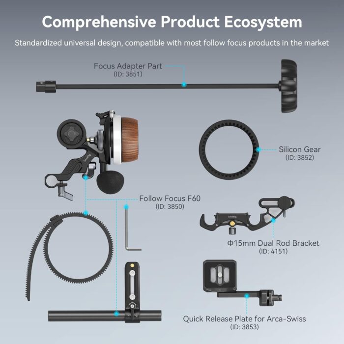 SmallRig F60 Follow Focus for DSLR and Mirrorless Camera Lenses, with Non-Damping Design & Forward/Reverse Switch & A/B Stops, Included Lens Gear, Gear Ring, 15mm Rod & Rod Clamp - 3850 - Image 7