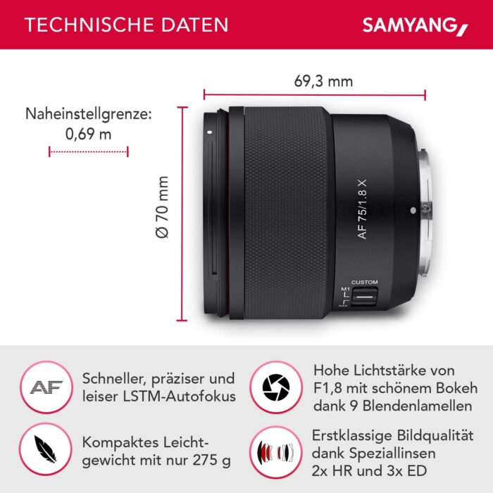 Samyang AF 75mm F1.8 Lens for Fujifilm X, Black - Image 2