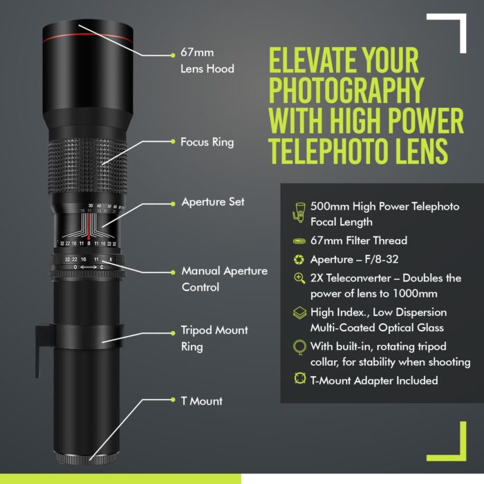 High-Power 500mm/1000mm f/8 Manual Telephoto Lens for Canon Digital EOS Rebel T1i T2i T3 T3i T4i T5 T5i T6i T6s SL1 EOS60D EOS70D 50D 40D 30D EOS 5D EOS1D EOS5D III EOS 5Ds EOS 6D EOS 7D EOS 7D Mark II Digital SLR Cameras - BLACK - Image 2