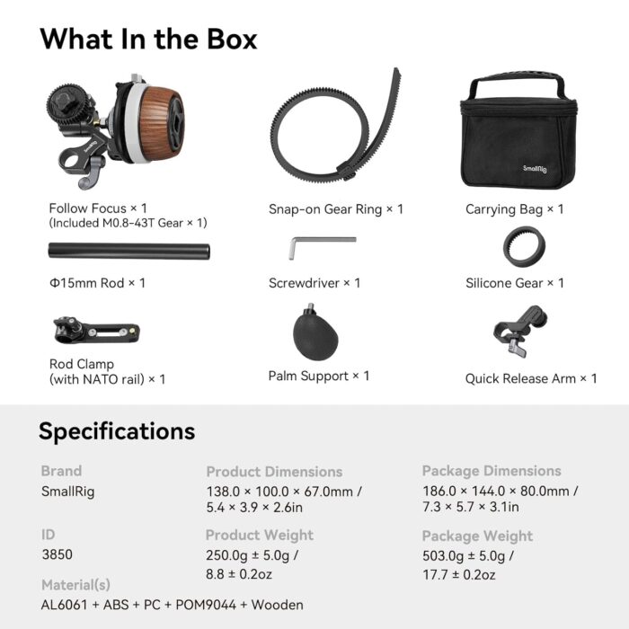 SmallRig F60 Follow Focus for DSLR and Mirrorless Camera Lenses, with Non-Damping Design & Forward/Reverse Switch & A/B Stops, Included Lens Gear, Gear Ring, 15mm Rod & Rod Clamp - 3850 - Image 9