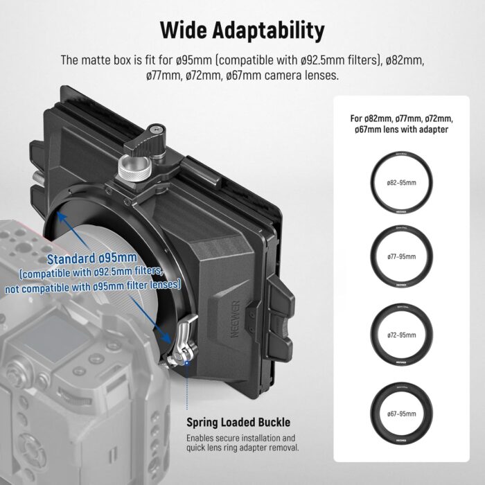 NEEWER Mini Matte Box with a 4"x5.65" Filter Tray, Carbon Fiber Flag, 4 Circular Lens Ring Adapters (67/72/77/82mm), Compatible with SmallRig Compatible with K&F Compatible with TIFFEN Filter, PG002 - Image 6